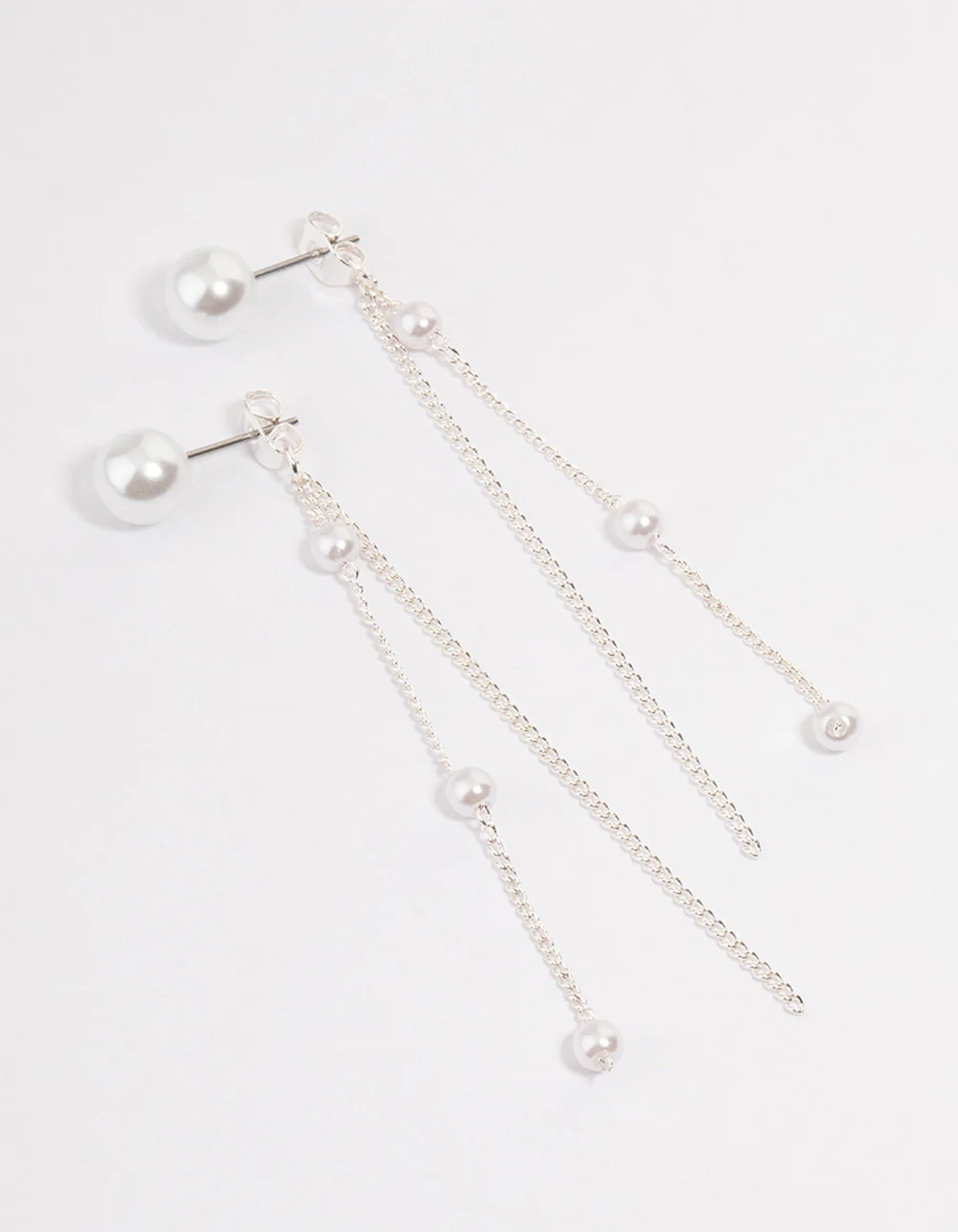 Silver Pearl Cup Chain Sandwich Drop Earrings