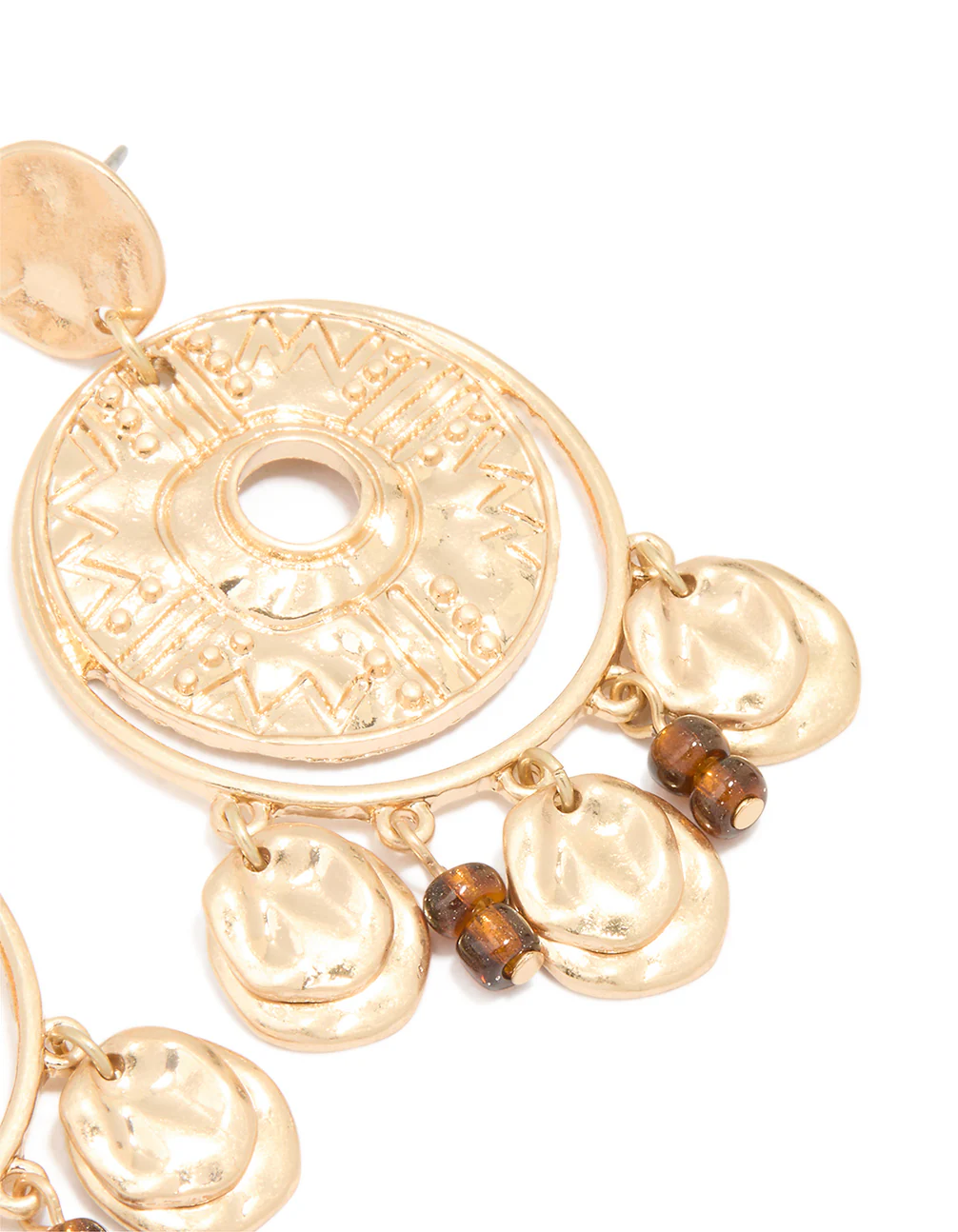 Antique Gold Brown Beaded Textured Circle Drop Earrings - Image 3