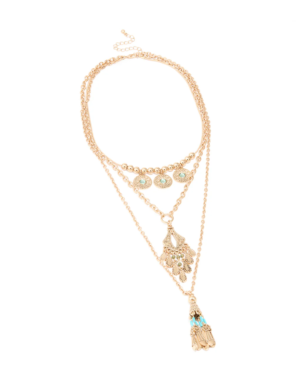 Antique Gold Charm Tassel Layered Necklace - Image 2