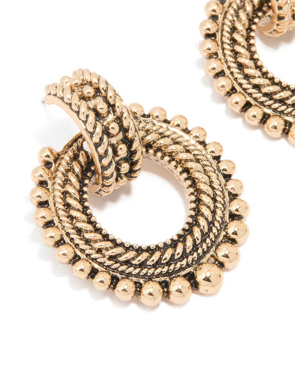 Antique Gold Hoop Textured Drop Earrings - Image 2