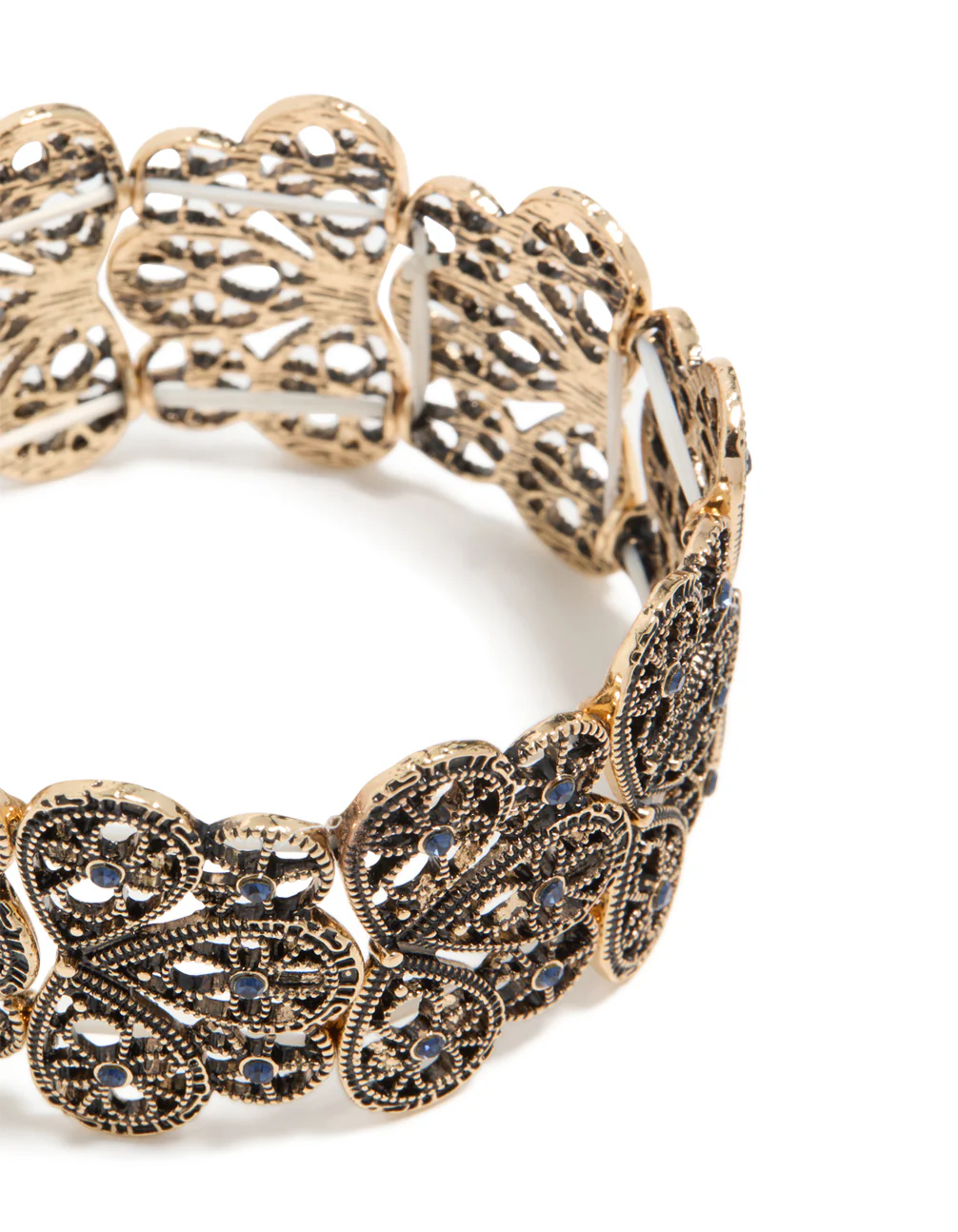 Antique Gold Light Blue Floral Filigree Stretch Bracelet - Image 4