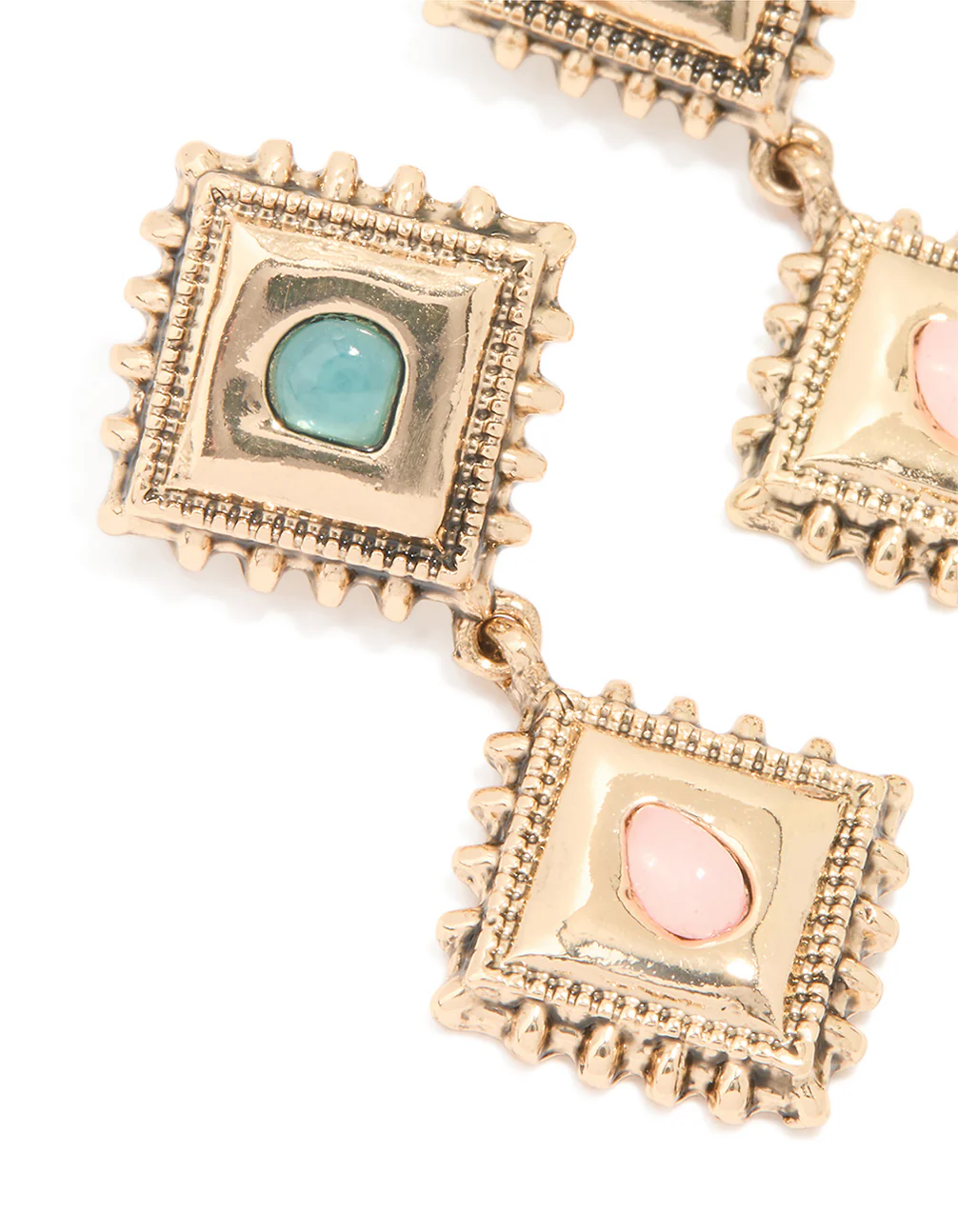 Antique Gold Pink & Blue Stone Square Layered Drop Earrings - Image 2