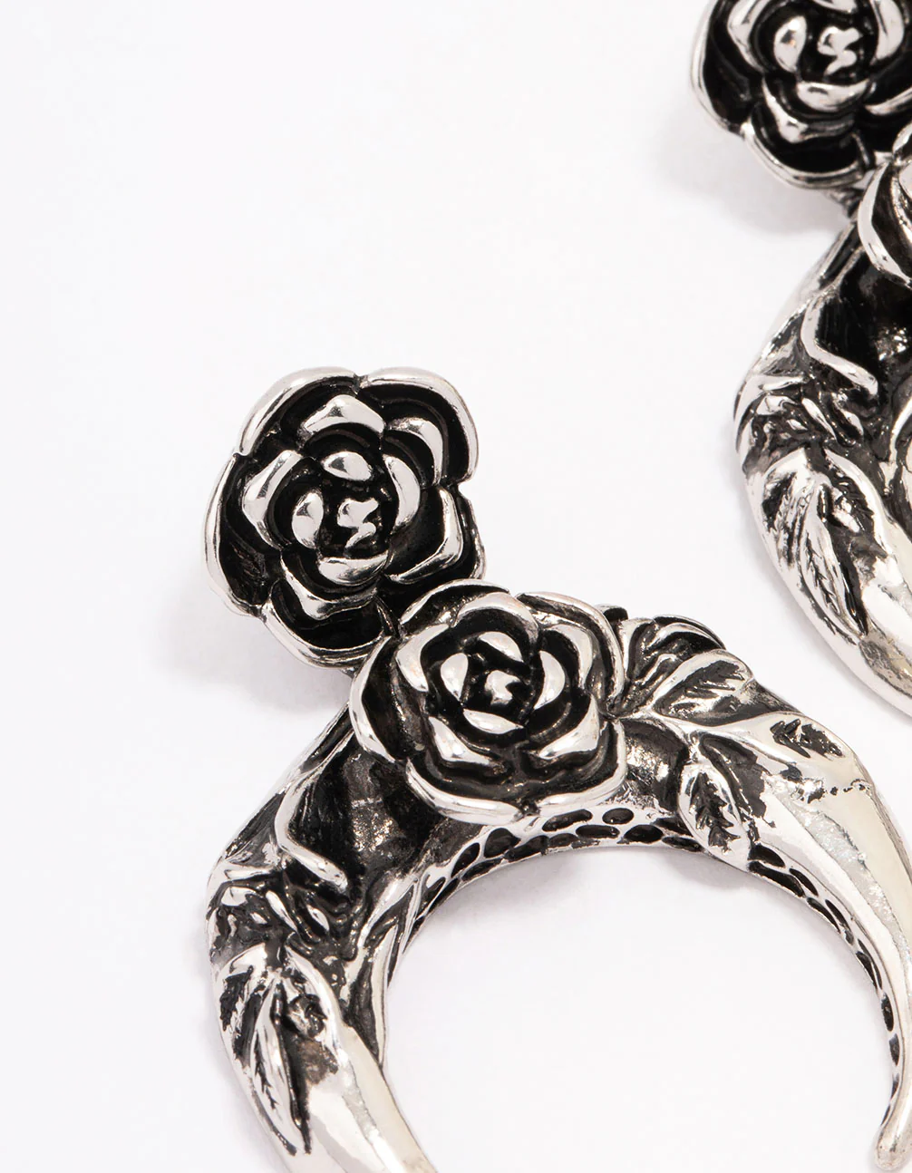 Antique Silver Crescent Rose Drop Earrings - Image 2