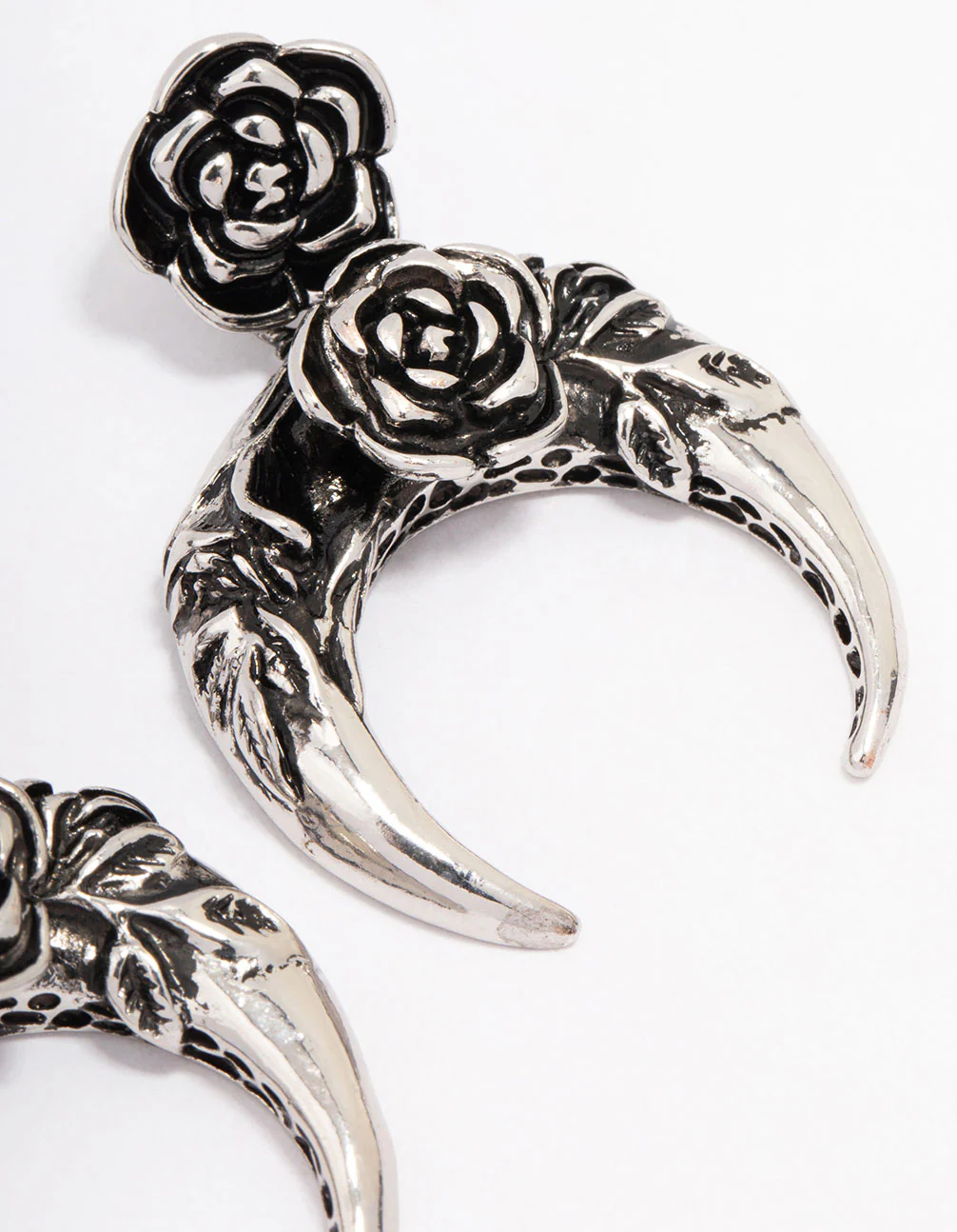 Antique Silver Crescent Rose Drop Earrings - Image 3