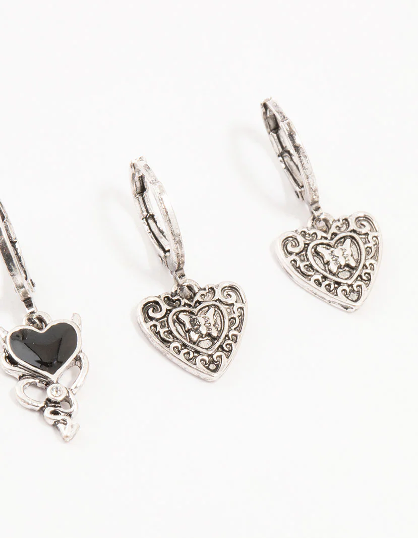 Antique Silver Gothic Heart Earrings 4-Pack - Image 3