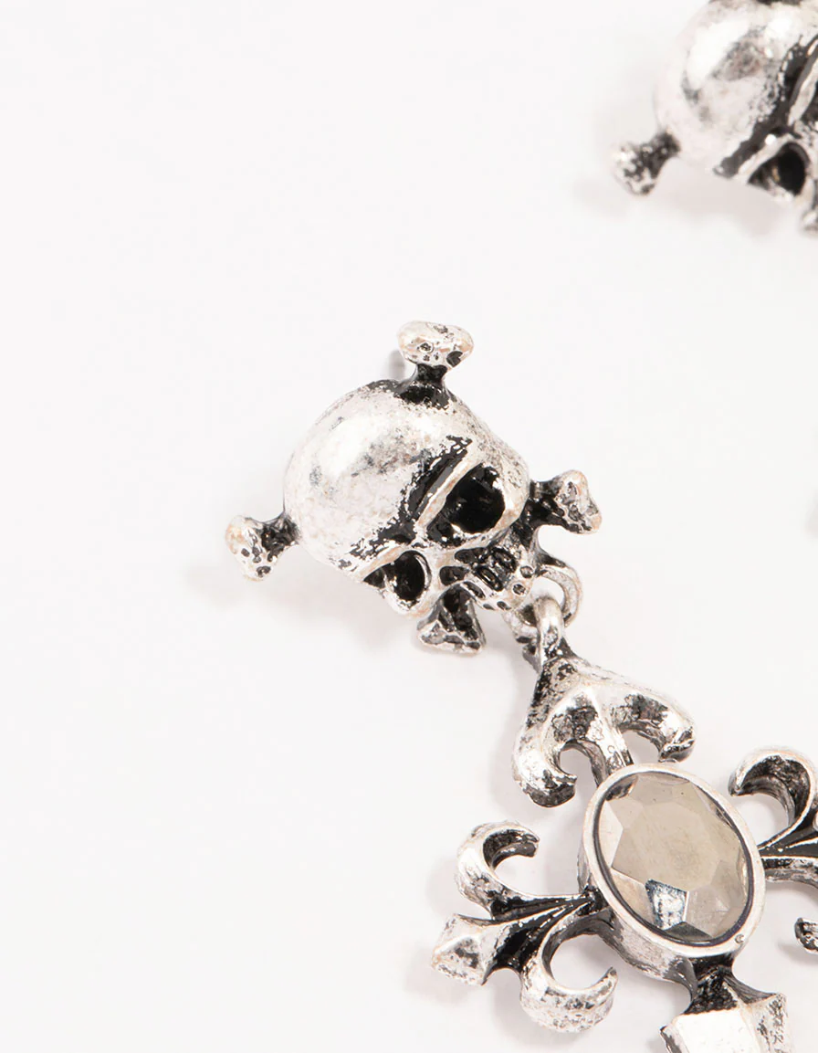 Antique Silver Skull Cross Drop Earrings - Image 2