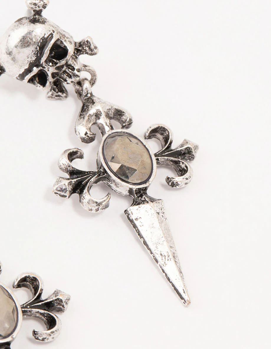 Antique Silver Skull Cross Drop Earrings - Image 3
