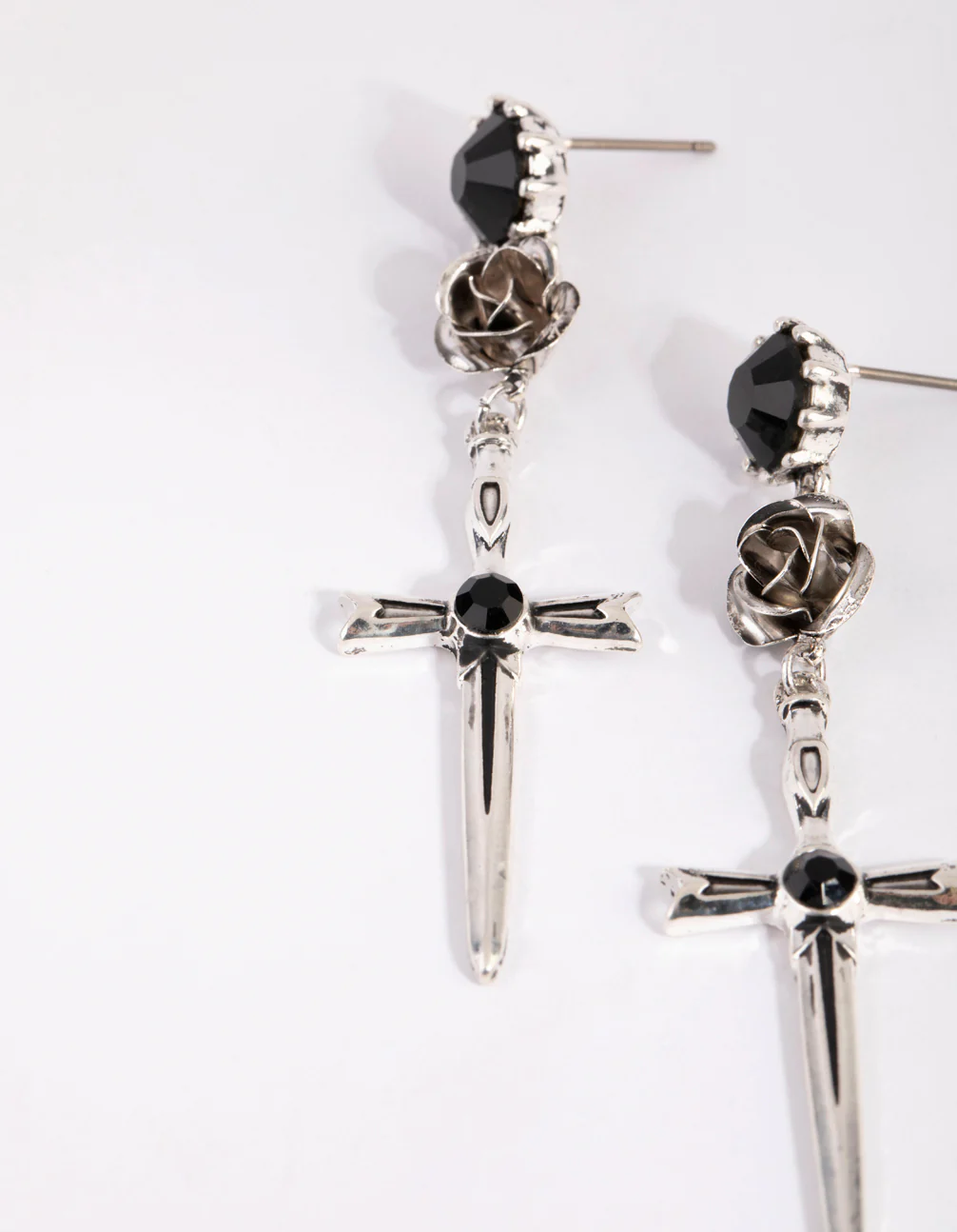Antique Silver Rose & Sword Drop Earrings - Image 2
