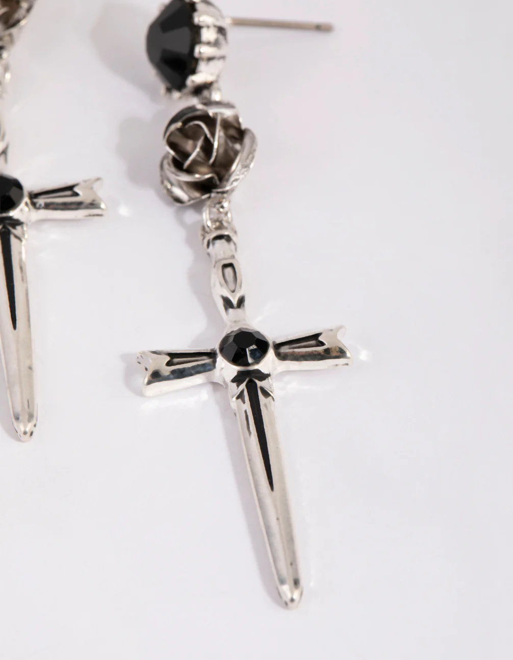 Antique Silver Rose & Sword Drop Earrings - Image 3