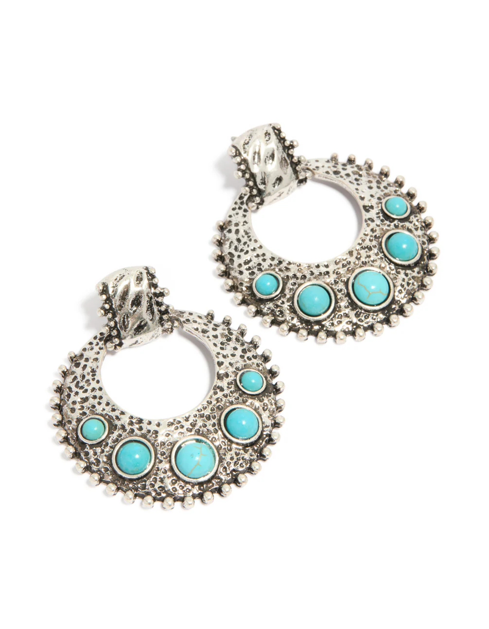 Antique Silver Turquoise Stone Round Textured Drop Earrings - Image 2