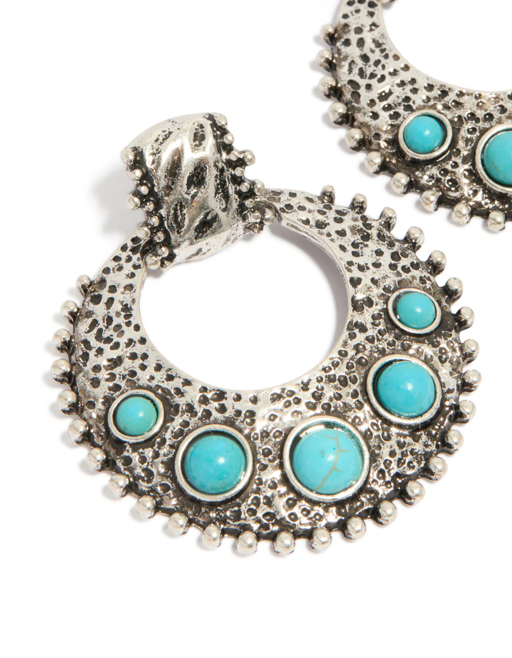Antique Silver Turquoise Stone Round Textured Drop Earrings - Image 4