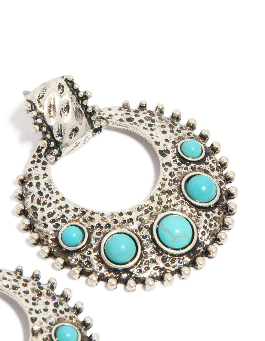 Antique Silver Turquoise Stone Round Textured Drop Earrings - Image 5