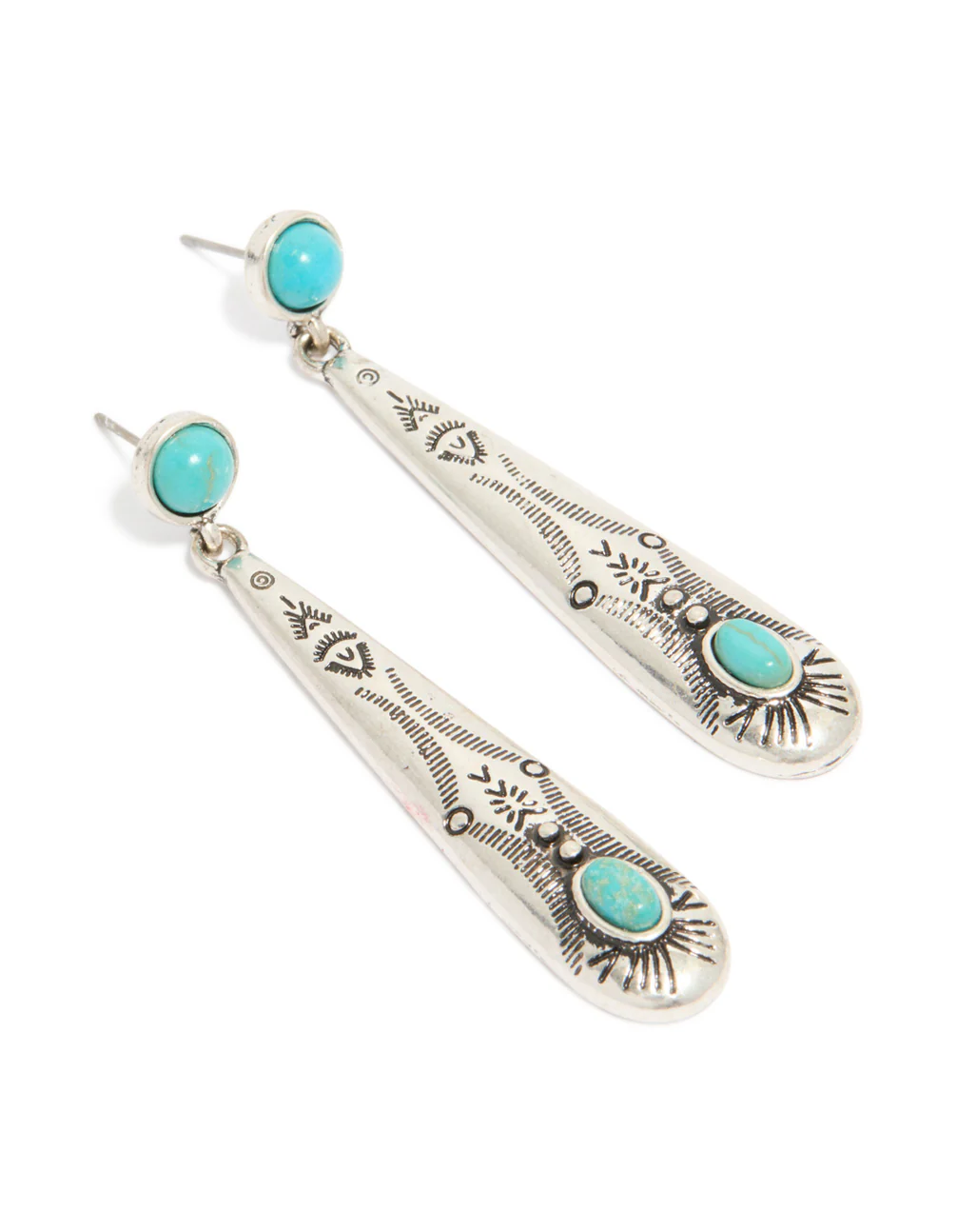 Antique Silver Turquoise Stone Thin Celestial Pattern Drop Earrings - Image 2