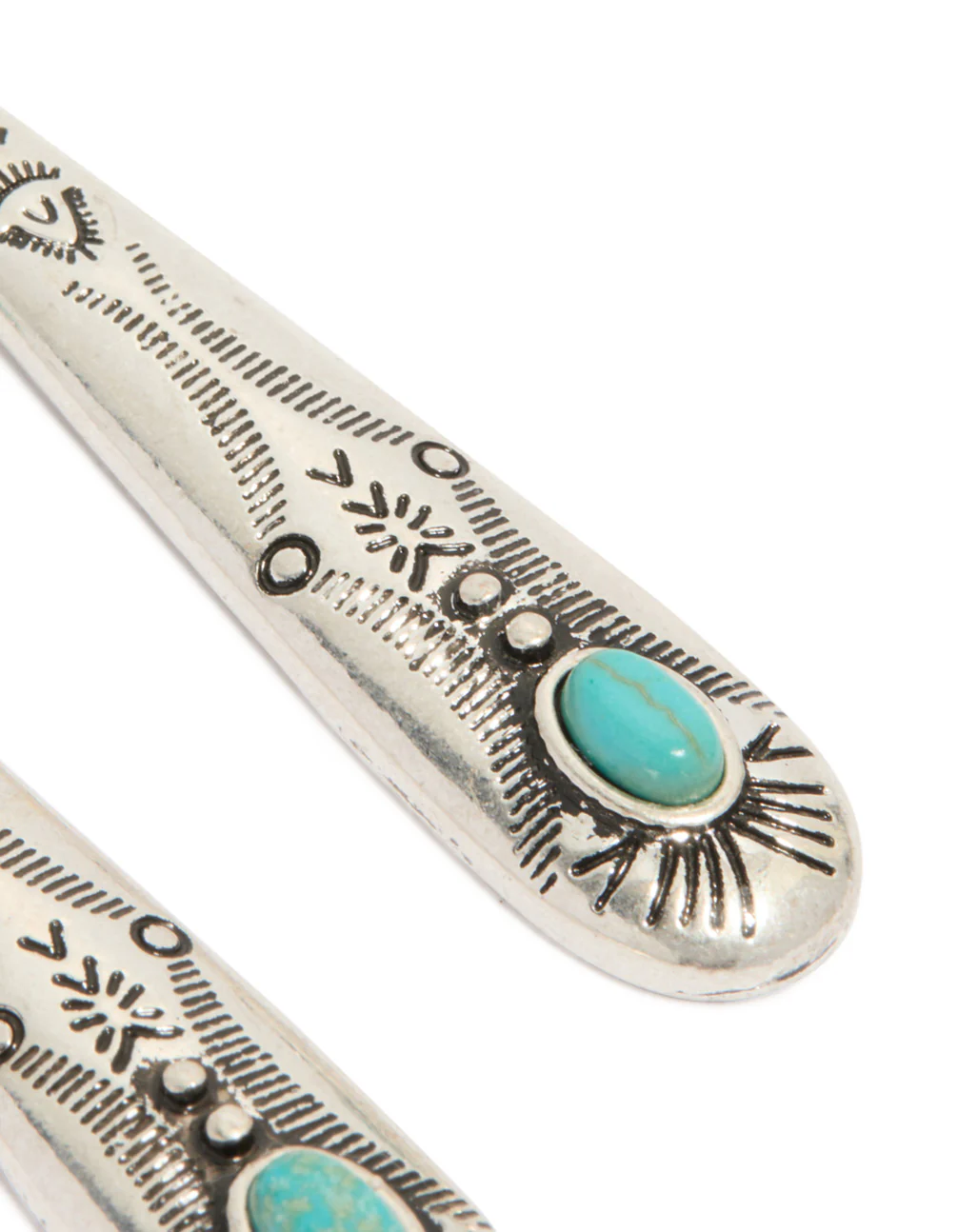 Antique Silver Turquoise Stone Thin Celestial Pattern Drop Earrings - Image 5