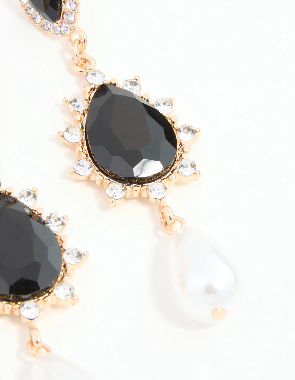 Black Diamante & Pearl Gold Drop Earrings - Image 3