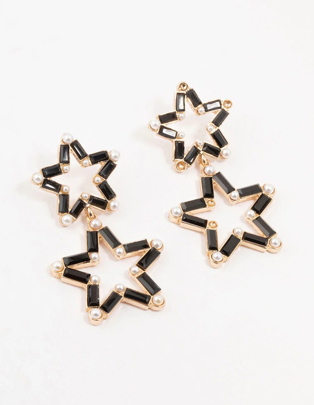 Black Gold Double Star Pearl Drop Earrings - Image 2