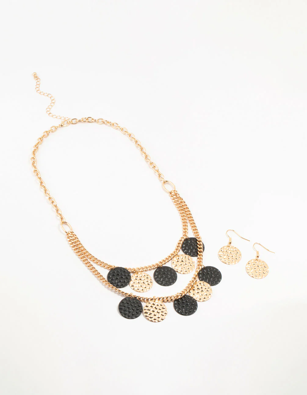 Black & Gold Molten Disc Necklace & Earrings Set - Image 2