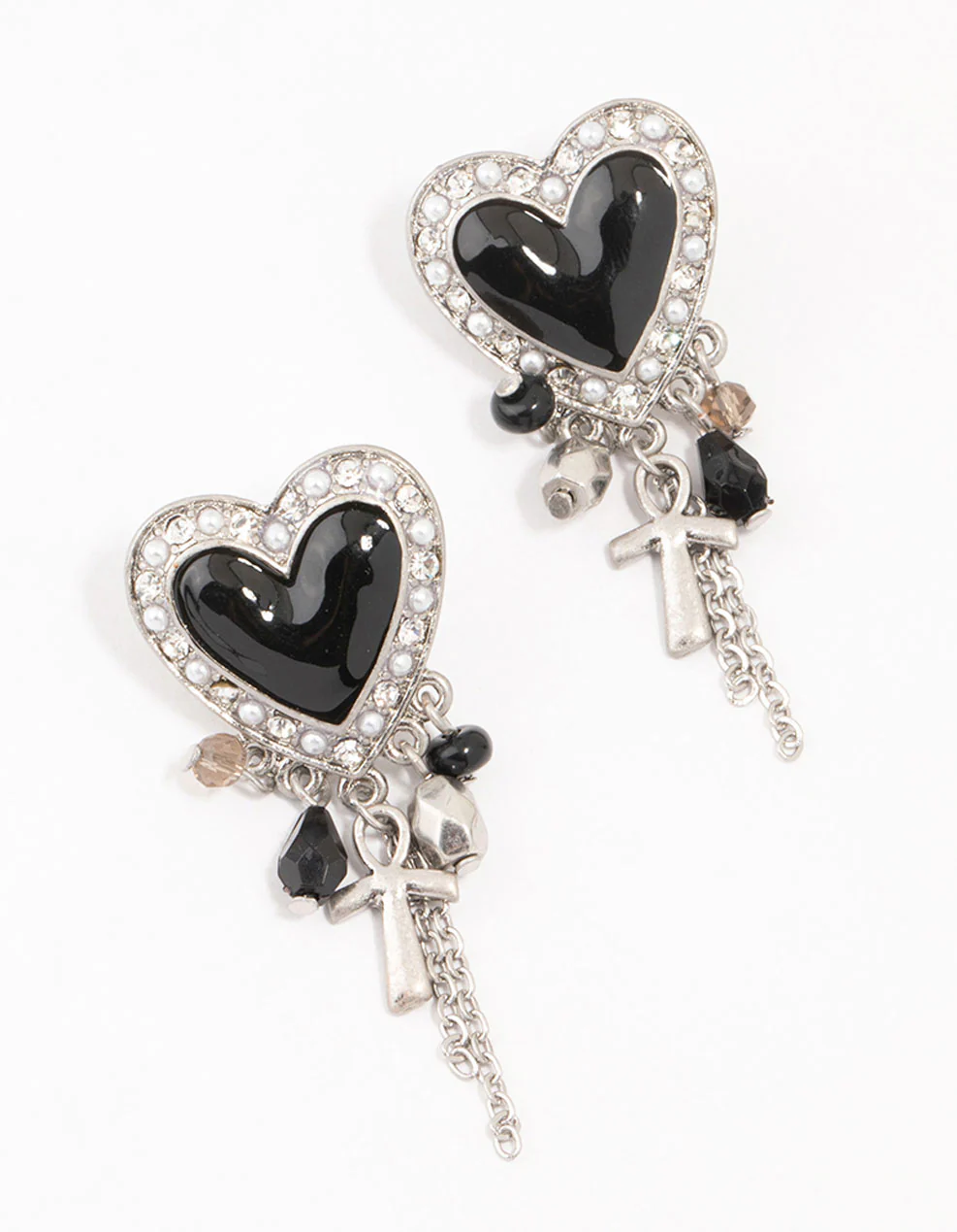 Black Heart Chain Silver Drop Earrings