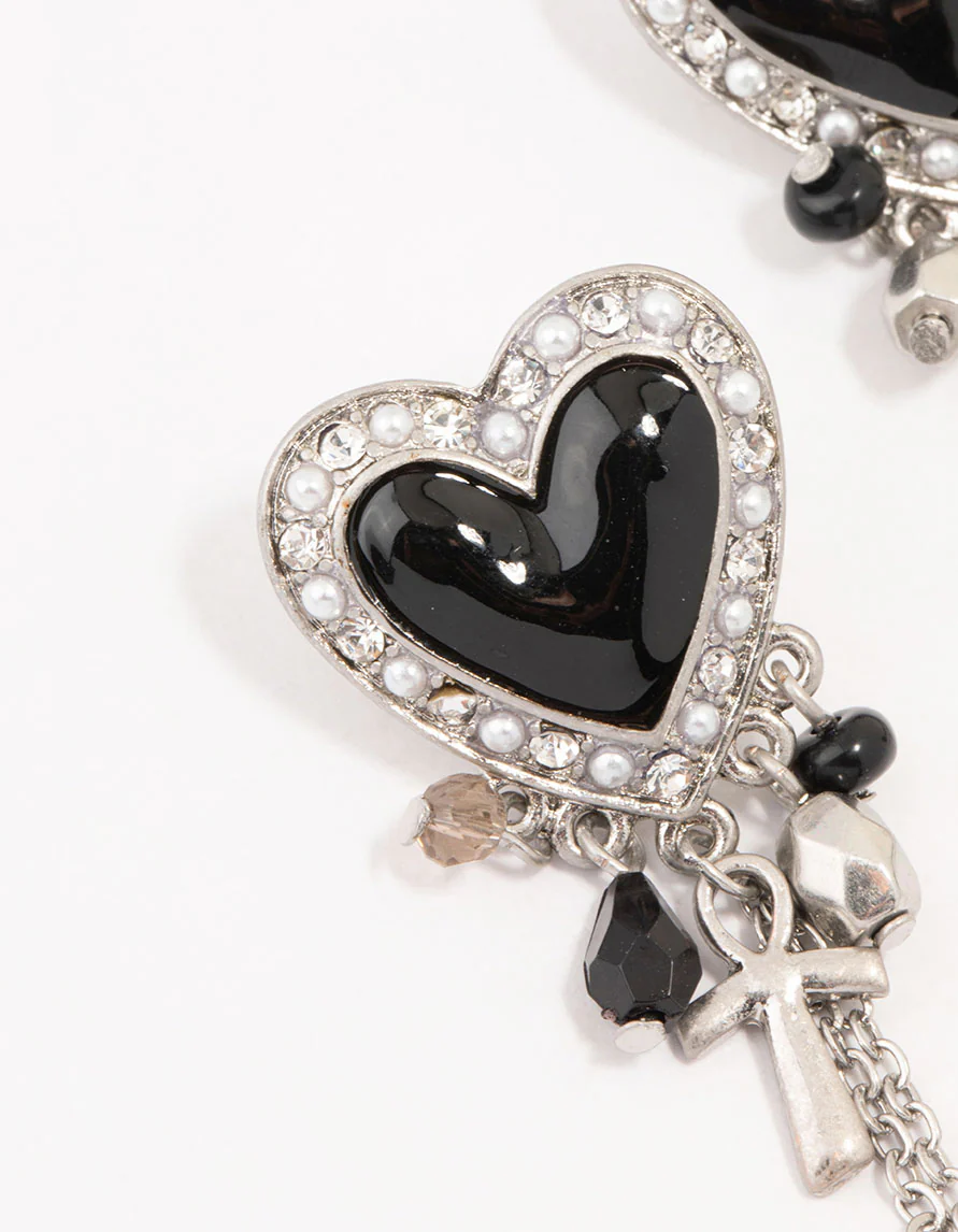 Black Heart Chain Silver Drop Earrings - Image 2