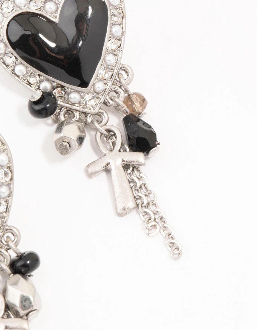 Black Heart Chain Silver Drop Earrings - Image 3