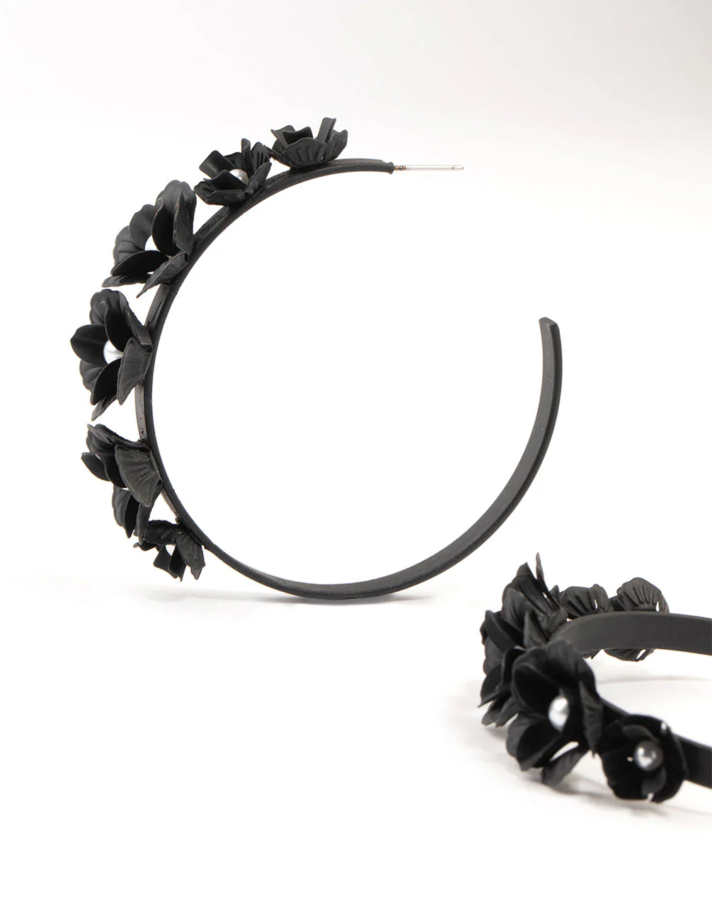 Black Floral Pearl Hoop Earrings - Image 2