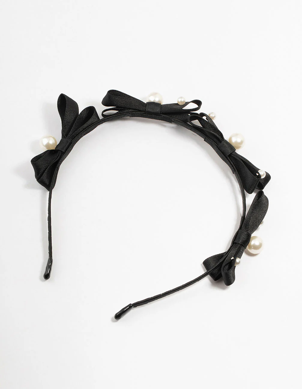 Black Small Bow Fabric Pearl Headband - Image 3