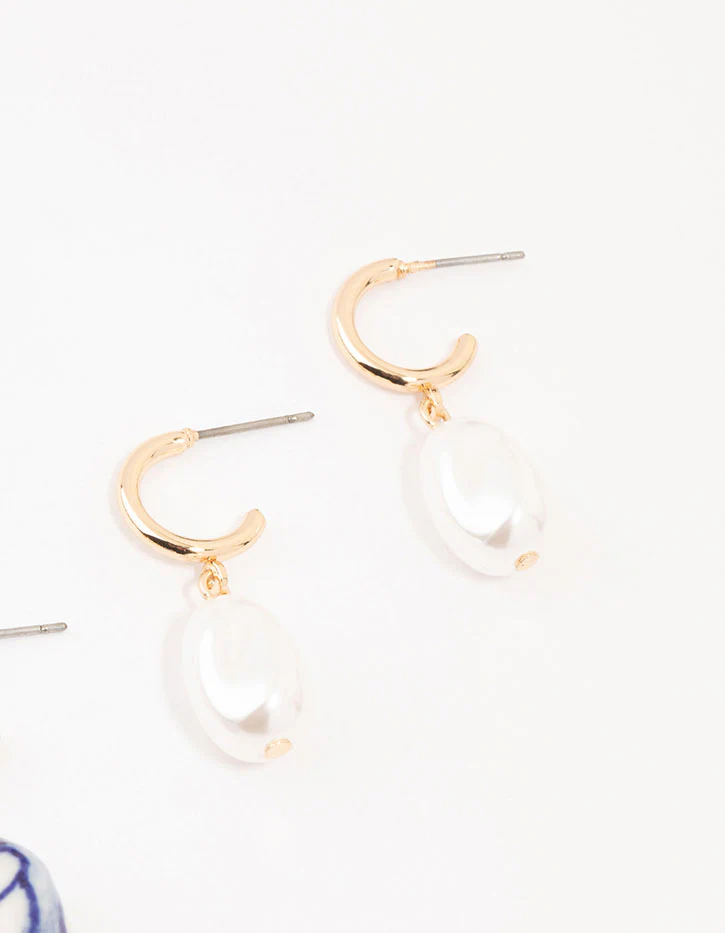 Blue Bead & Pearl Dangle Earrings 3-Pack - Image 3