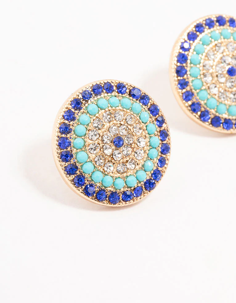 Blue Evil Eye Gold Stud Earrings - Image 2