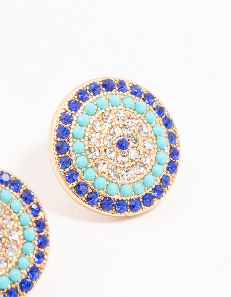 Blue Evil Eye Gold Stud Earrings - Image 3