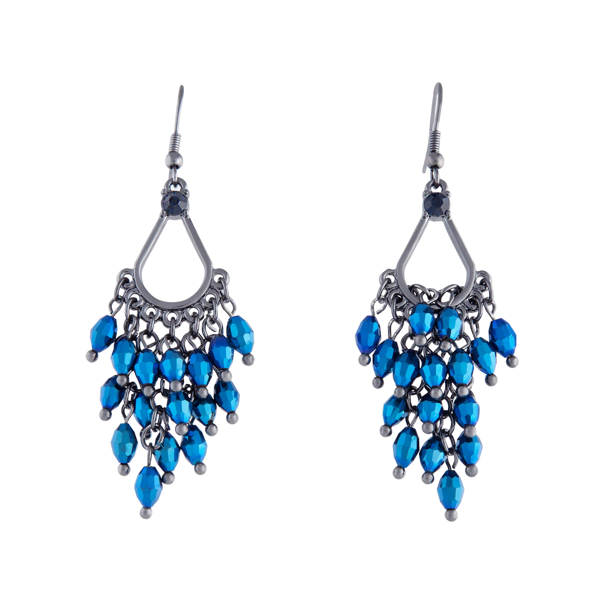 Gunmetal Midnight Blue Glass Bead Chandelier Earrings - Image 2