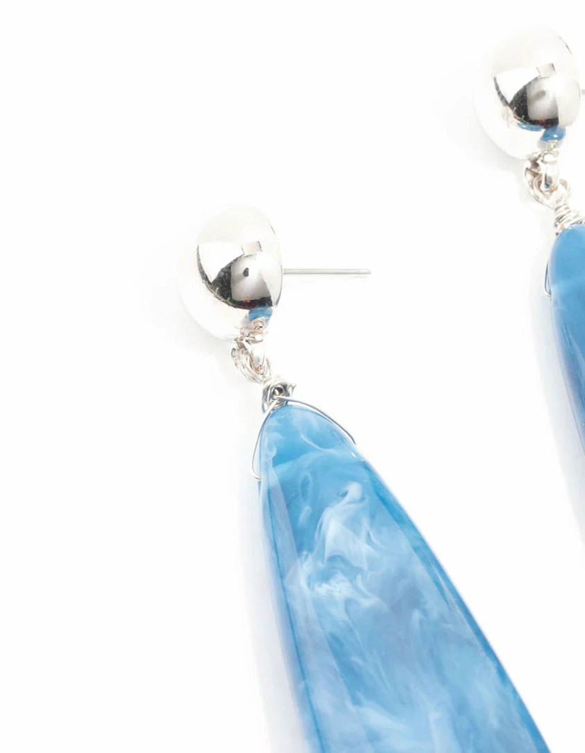 Blue Marble Long Silver Drop Earrings - Image 2