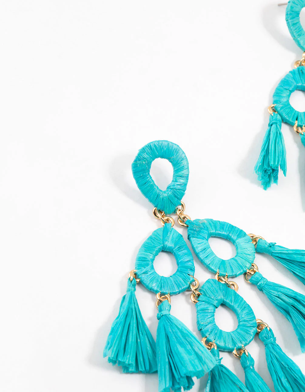 Blue Raffia Tassel Drop Earrings - Image 2