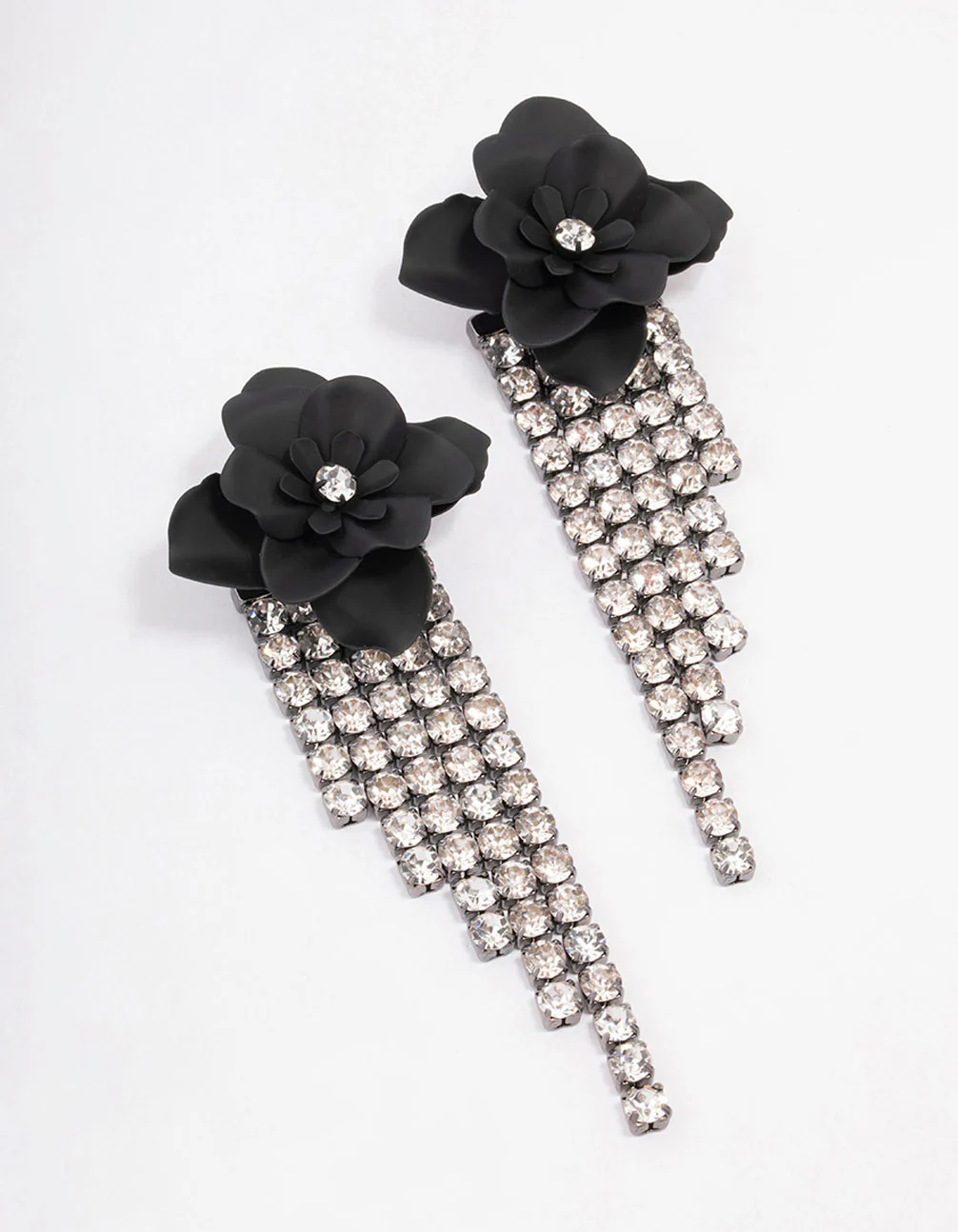 Black Flower Diamante Cup Chain Drop Earrings