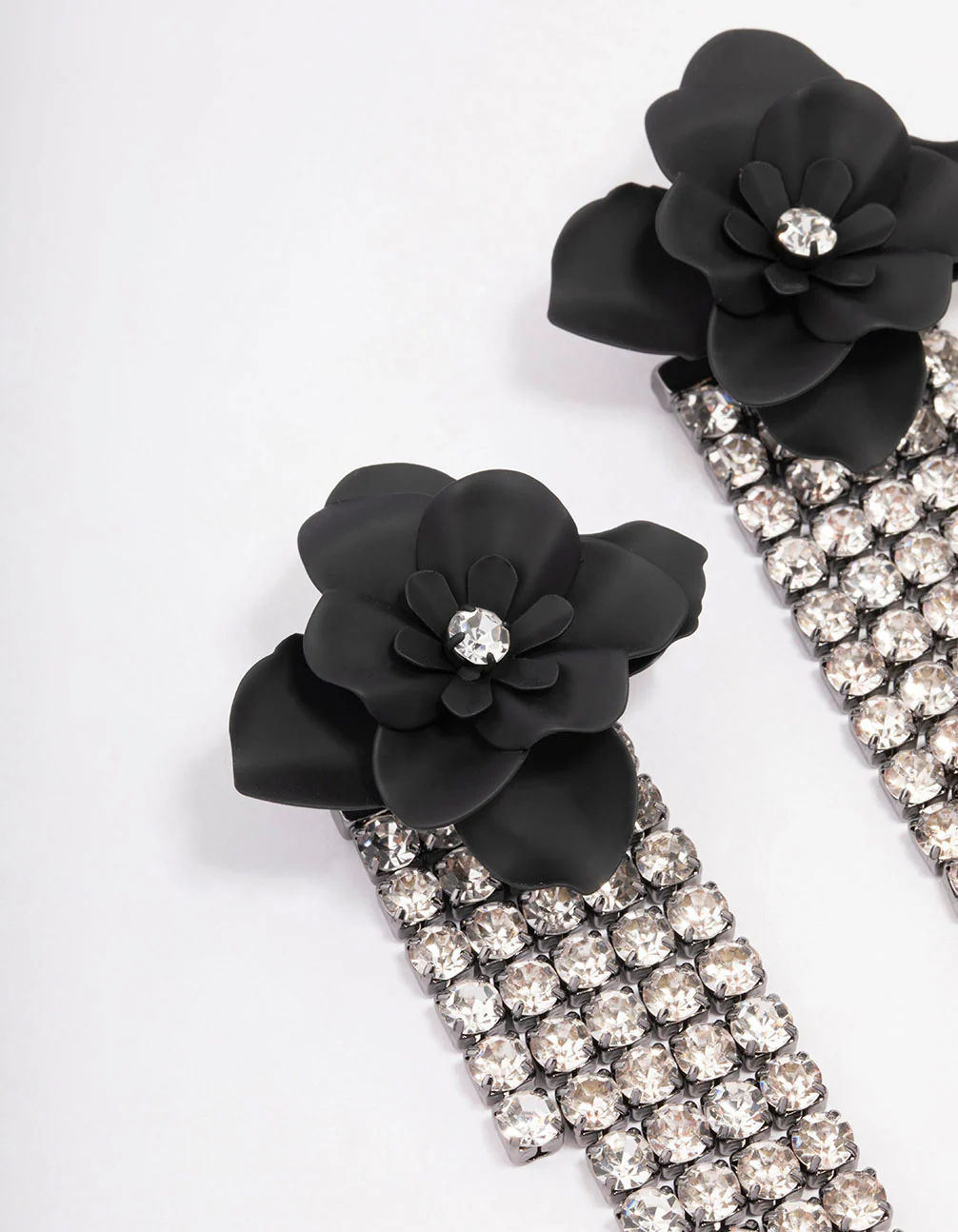 Black Flower Diamante Cup Chain Drop Earrings - Image 2