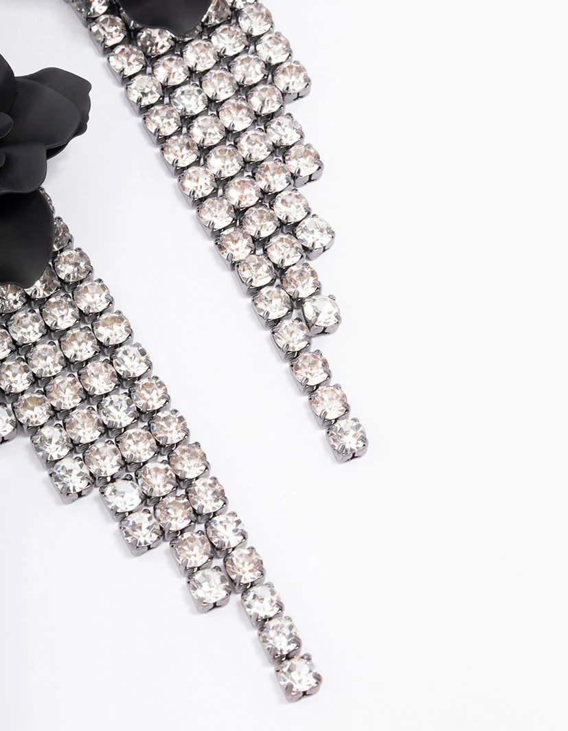 Black Flower Diamante Cup Chain Drop Earrings - Image 3