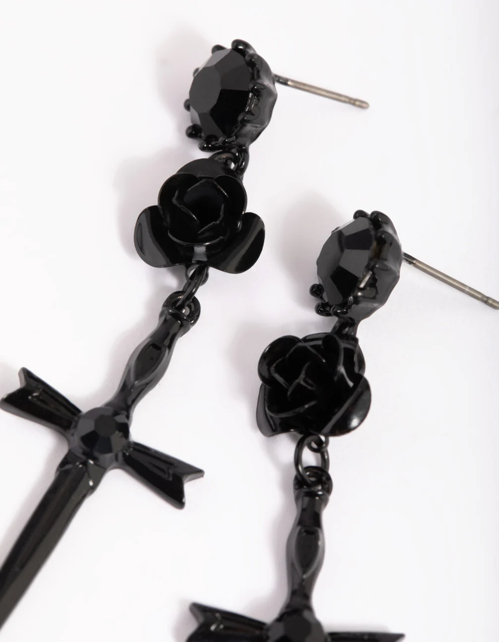 Matte Black Rose & Sword Drop Earrings - Image 3