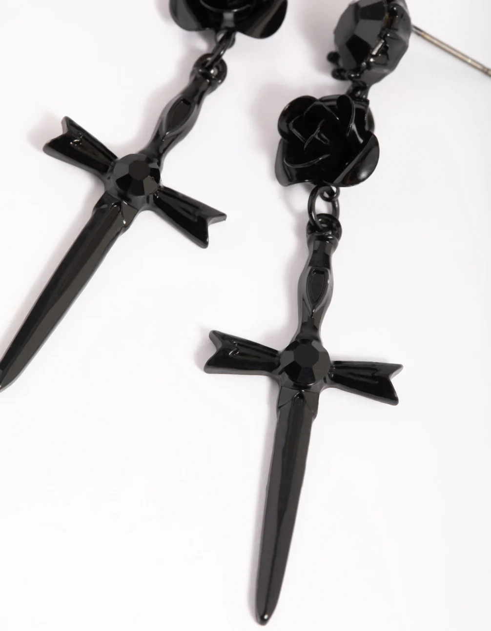 Matte Black Rose & Sword Drop Earrings - Image 4