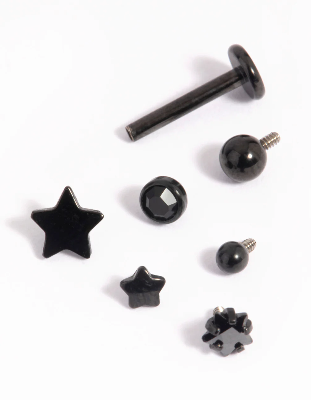 Matte Black Surgical Steel Single Flat Back Bar & Diamante Star Interchangeable Ends 6-Pack