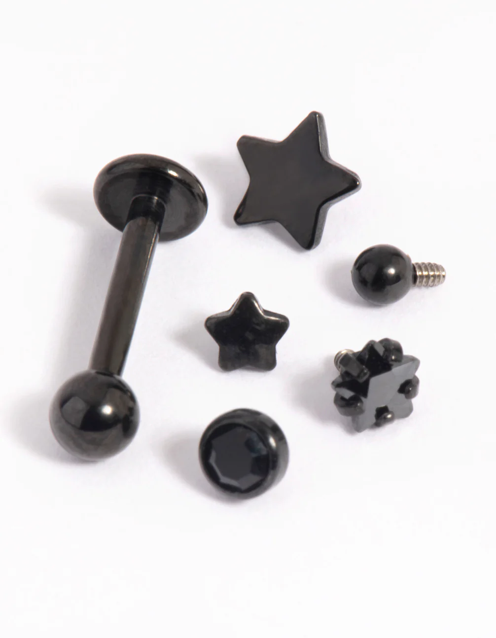Matte Black Surgical Steel Single Flat Back Bar & Diamante Star Interchangeable Ends 6-Pack - Image 2