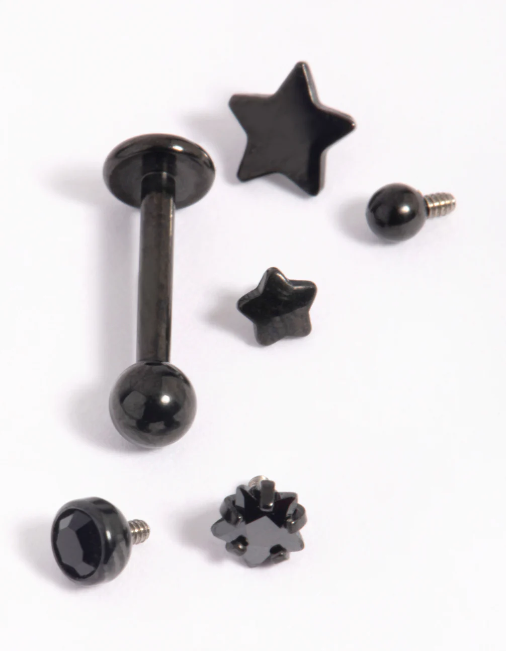 Matte Black Surgical Steel Single Flat Back Bar & Diamante Star Interchangeable Ends 6-Pack - Image 3