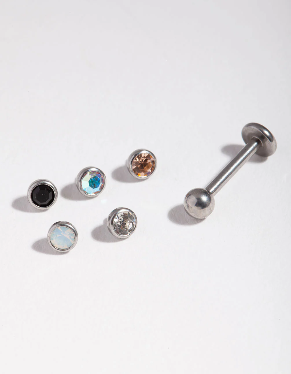 Surgical Steel Single Flat Back Bar & Diamante Interchangeable Ends 6-Pack