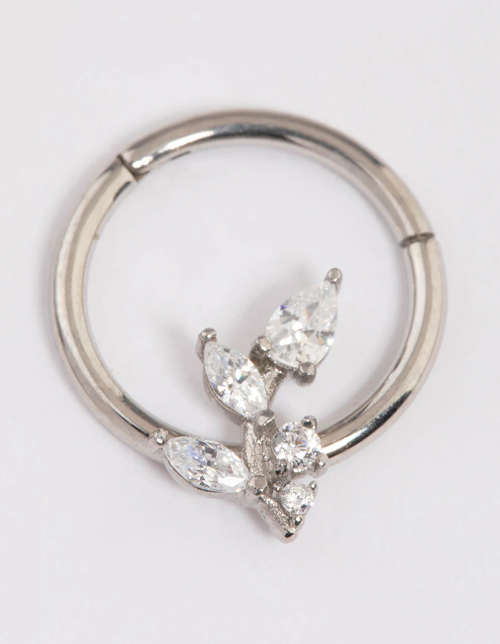 Surgical Steel Cubic Zirconia Leaf Detail Clicker Ring - Image 2