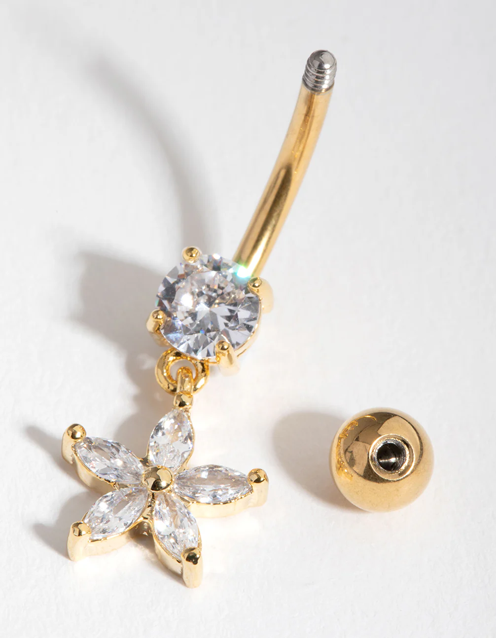 Gold Cubic Zirconia Flower Drop Belly Ring - Image 2
