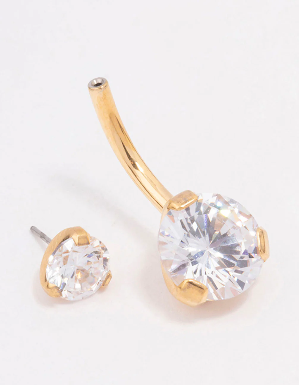 Gold Plated Surgical Steel Cubic Zirconia Double Round Threadless Belly Bar - Image 2
