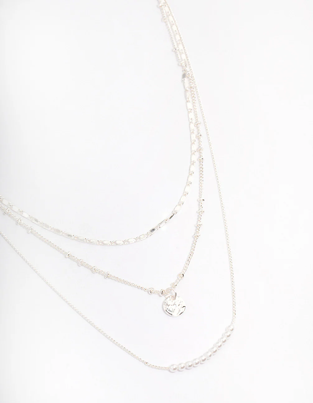 Silver Plated Fine Triple Layered Beaded Disc Necklace