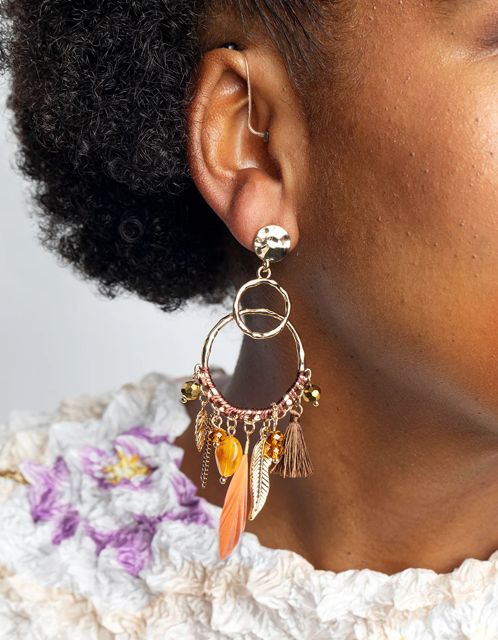 Brown Bead & Feather Drop Earrings - Image 2