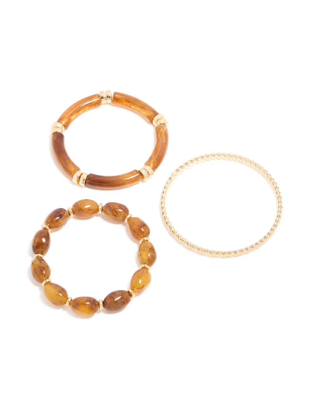 Brown Beaded Stretch Bracelets & Gold Bangles 3-Pack - Image 2