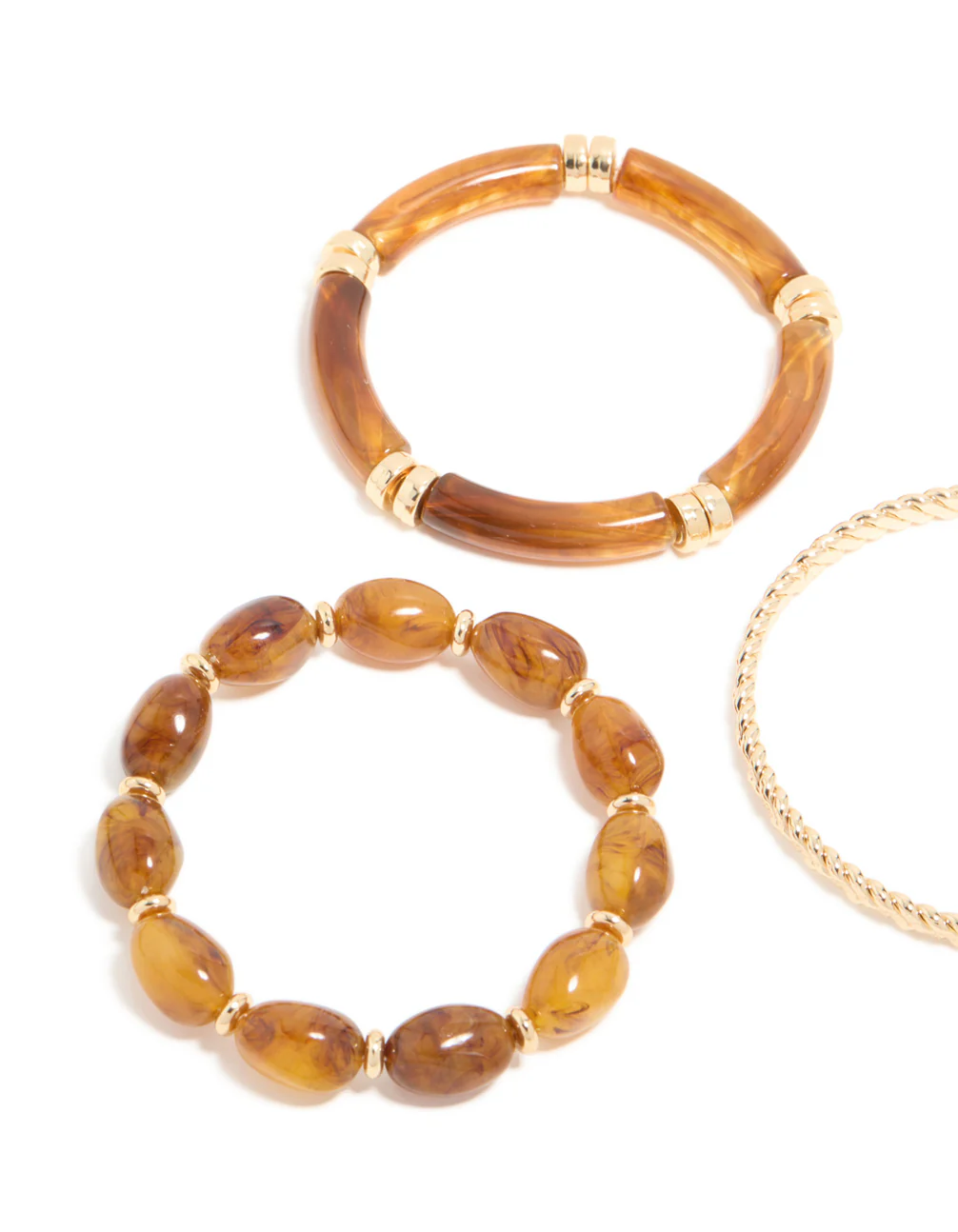 Brown Beaded Stretch Bracelets & Gold Bangles 3-Pack - Image 4