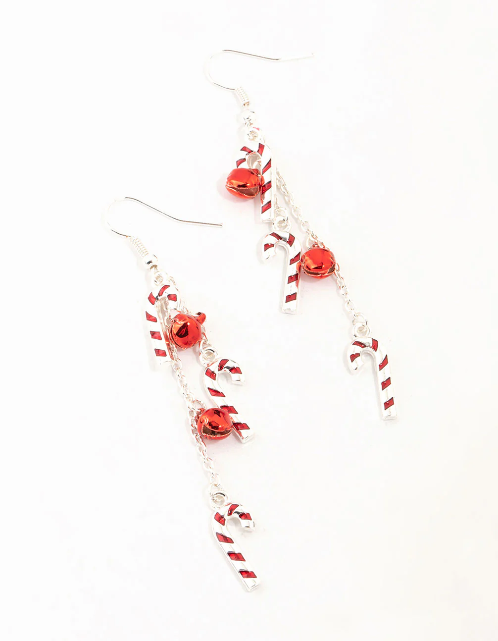 Silver Candy Canes & Bells Drop Earrings