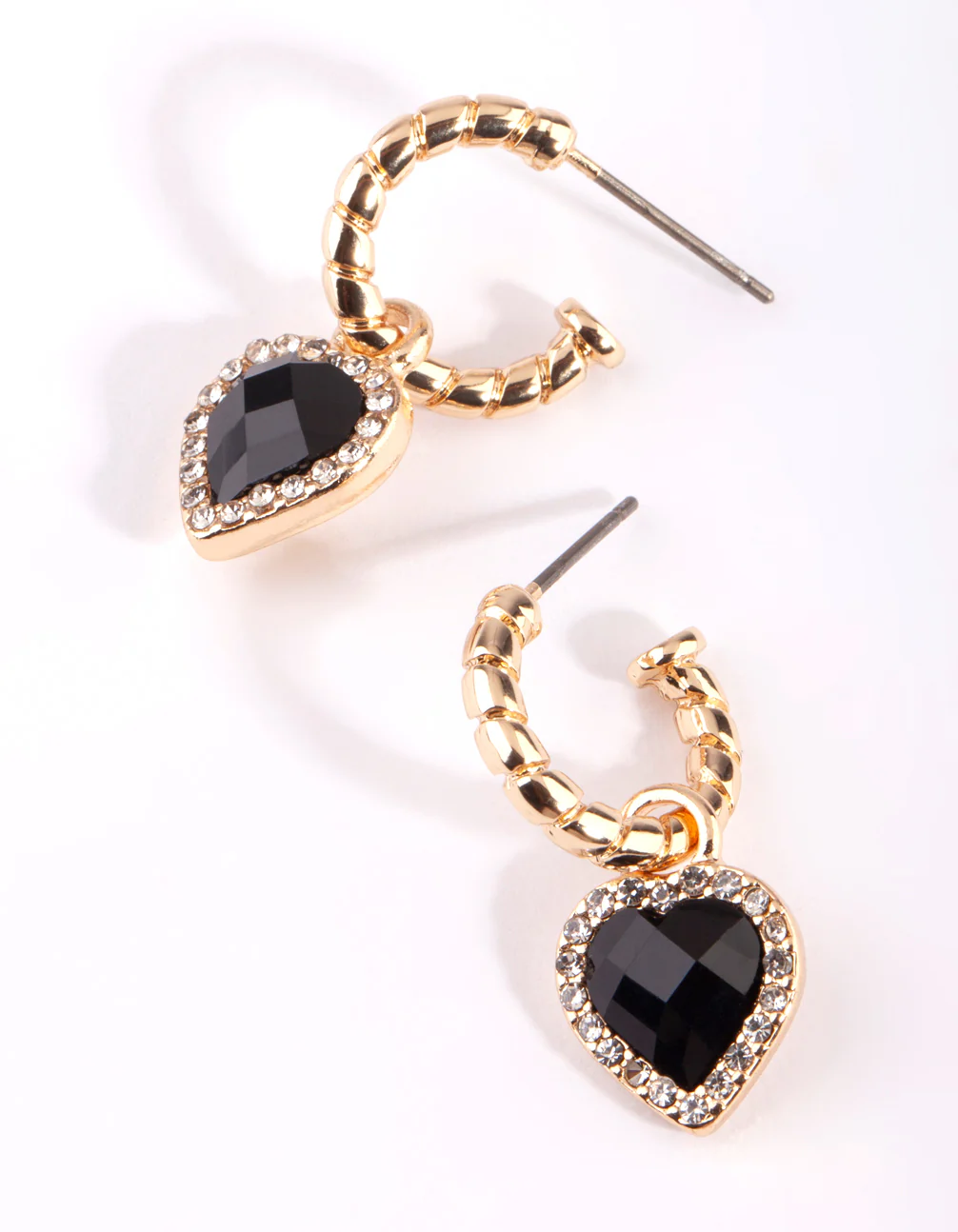Gold Black Diamante Heart Huggie Earrings - Image 2